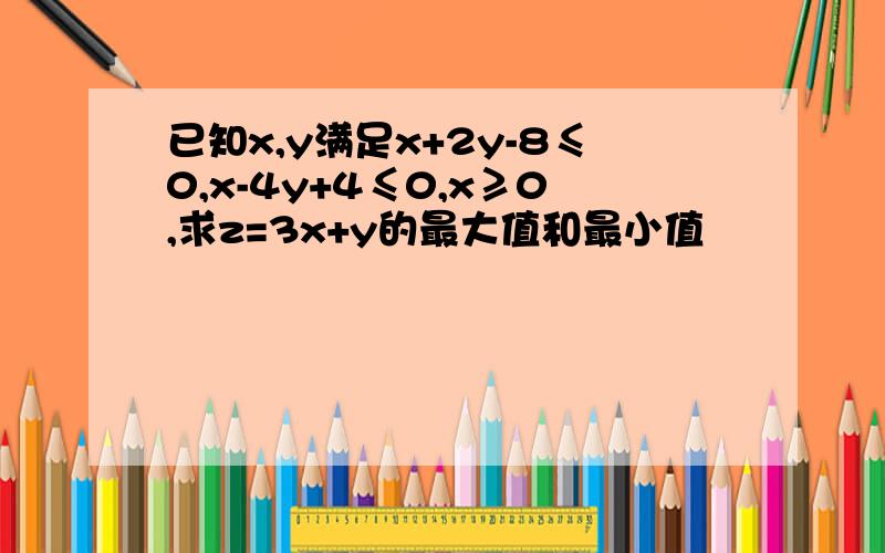 已知x,y满足x+2y-8≤0,x-4y+4≤0,x≥0,求z=3x+y的最大值和最小值