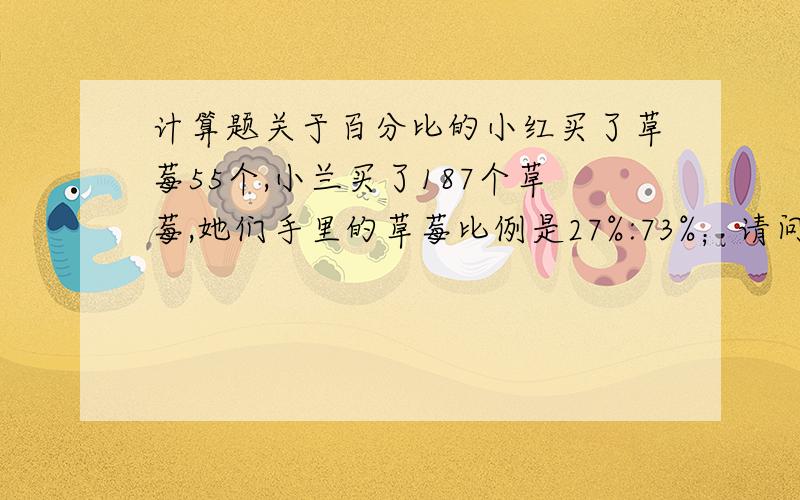 计算题关于百分比的小红买了草莓55个,小兰买了187个草莓,她们手里的草莓比例是27%:73%；请问小红在买多少个草莓能达到草莓数量80%?