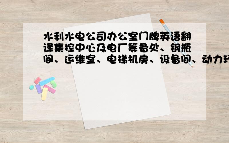 水利水电公司办公室门牌英语翻译集控中心及电厂筹备处、钢瓶间、运维室、电梯机房、设备间、动力环境监控室、自动化机房、通信机房、集控中心机房、水情中心、备品备件间.集控大厅