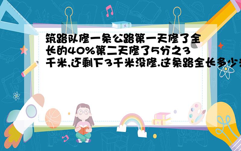 筑路队修一条公路第一天修了全长的40%第二天修了5分之3千米,还剩下3千米没修.这条路全长多少米?方程解用方程