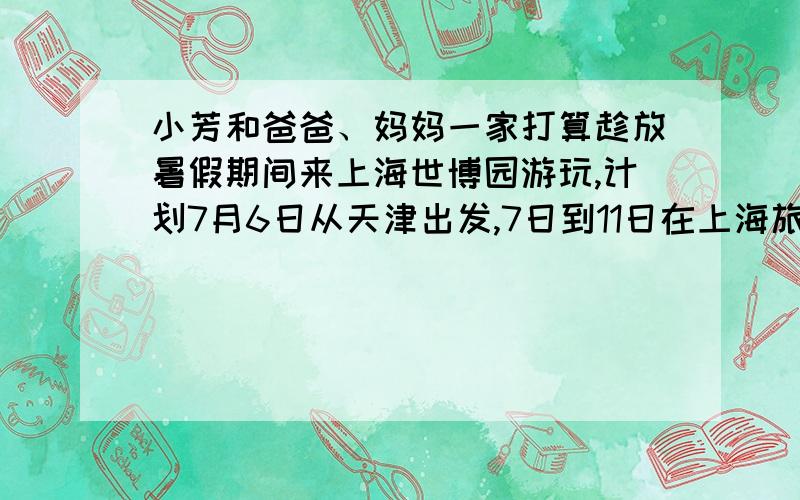 小芳和爸爸、妈妈一家打算趁放暑假期间来上海世博园游玩,计划7月6日从天津出发,7日到11日在上海旅游,7月12日返回天津.天津与上海间的火车和飞机票价如下：交通工具 票价 说明火车（硬