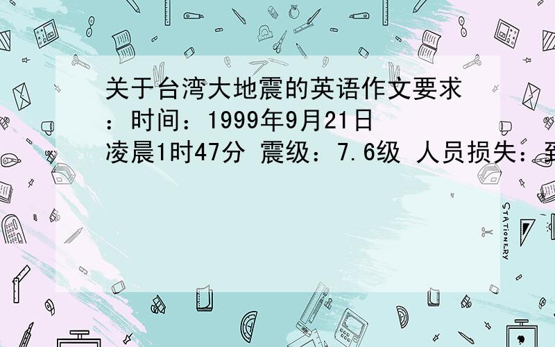 关于台湾大地震的英语作文要求：时间：1999年9月21日凌晨1时47分 震级：7.6级 人员损失：到当晚22时,已有1670人死亡,3924人受伤,2000多人被困,数百人失踪,许多人无家可归.设施破坏：停电,房屋