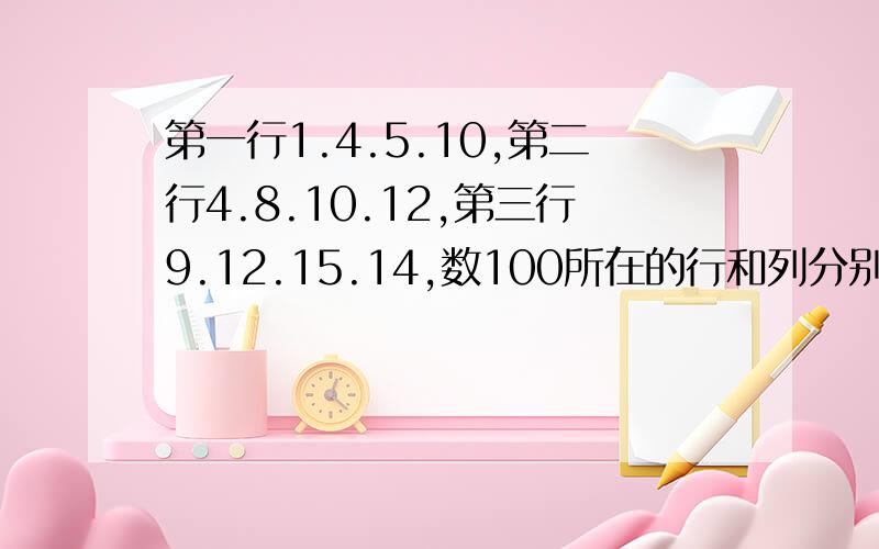 第一行1.4.5.10,第二行4.8.10.12,第三行9.12.15.14,数100所在的行和列分别是多少