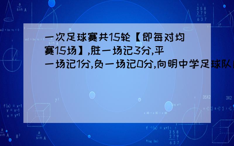 一次足球赛共15轮【即每对均赛15场】,胜一场记3分,平一场记1分,负一场记0分,向明中学足球队所负场数是