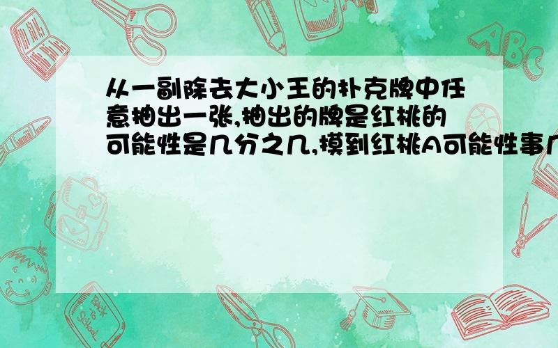 从一副除去大小王的扑克牌中任意抽出一张,抽出的牌是红桃的可能性是几分之几,摸到红桃A可能性事几分之几抽出的牌上的数比6小的可能性是几分之几,抽出的牌上的数是5的可能性是几分之