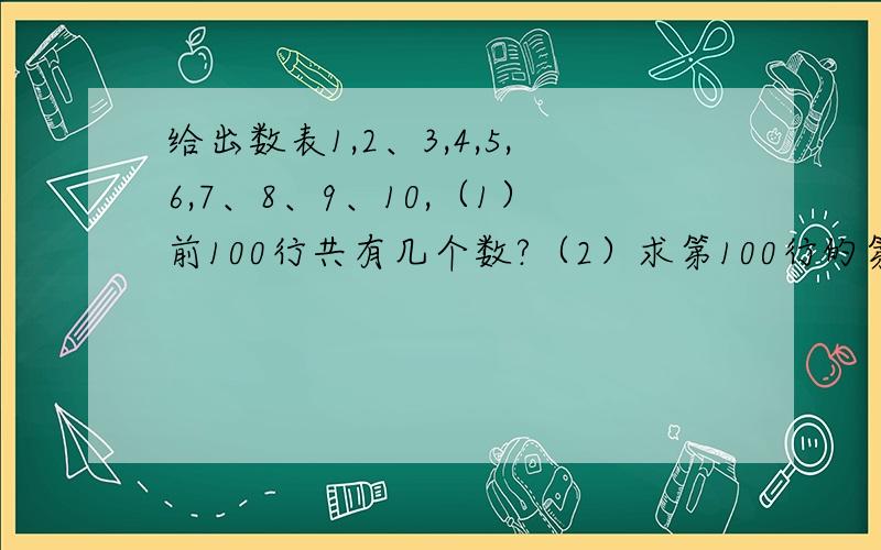 给出数表1,2、3,4,5,6,7、8、9、10,（1）前100行共有几个数?（2）求第100行的第一个数（3）求第100行的各数之和