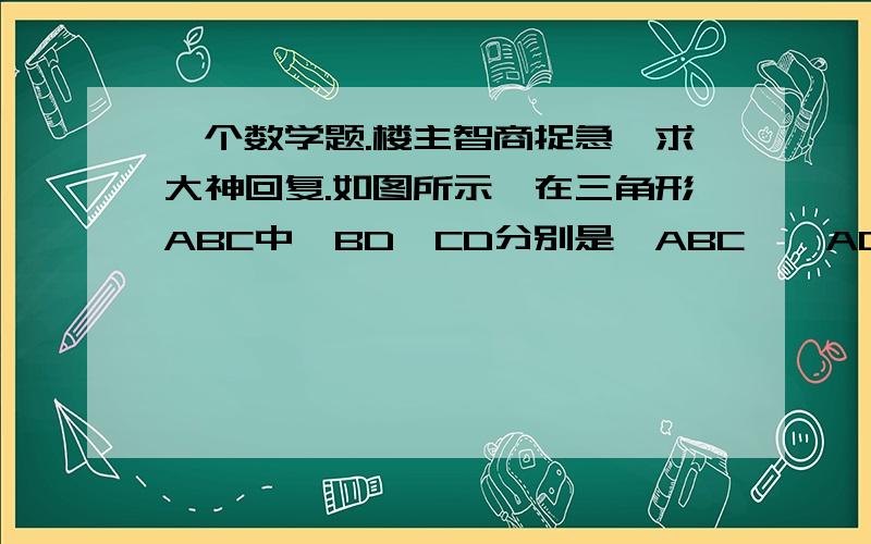 一个数学题.楼主智商捉急,求大神回复.如图所示,在三角形ABC中,BD,CD分别是∠ABC,∠ACB的外角平分线,试说明∠D=90°- 二分之一∠A