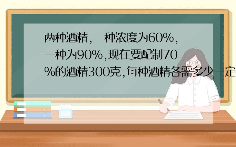 两种酒精,一种浓度为60%,一种为90%,现在要配制70%的酒精300克,每种酒精各需多少一定是一个未知数的一元一次方程