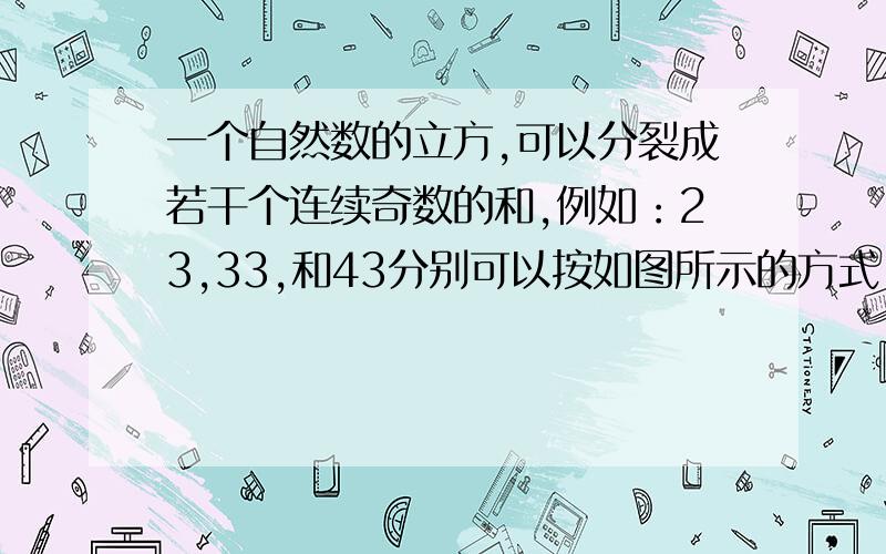 一个自然数的立方,可以分裂成若干个连续奇数的和,例如：23,33,和43分别可以按如图所示的方式“分裂”一个自然数的立方,可以分裂成若干个连续奇数的和,例如：2三次方,3三次方,和4三次方