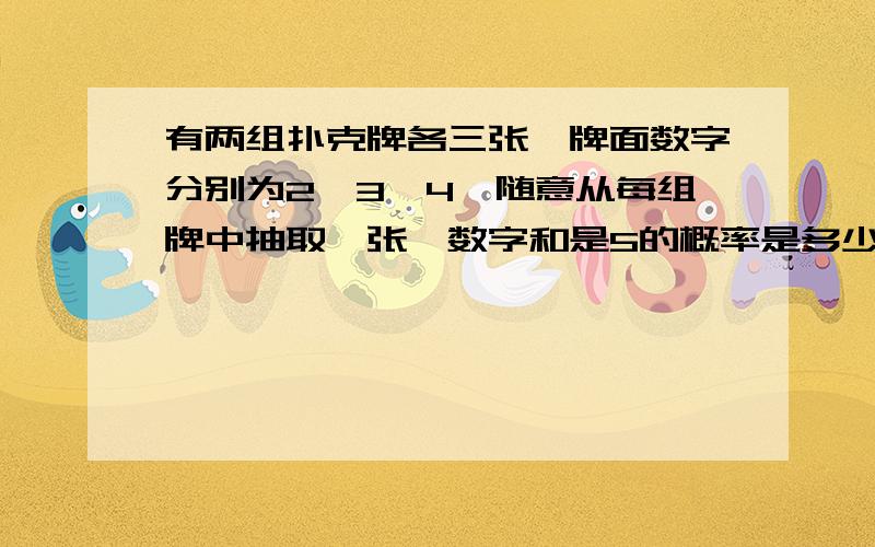 有两组扑克牌各三张,牌面数字分别为2,3,4,随意从每组牌中抽取一张,数字和是5的概率是多少?