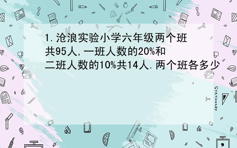 1.沧浪实验小学六年级两个班共95人,一班人数的20%和二班人数的10%共14人.两个班各多少