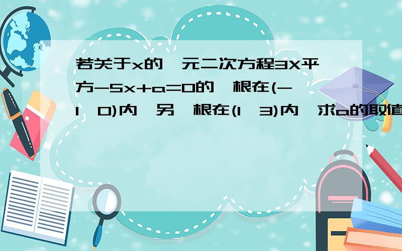 若关于x的一元二次方程3X平方-5x+a=0的一根在(-1,0)内,另一根在(1,3)内,求a的取值范围.