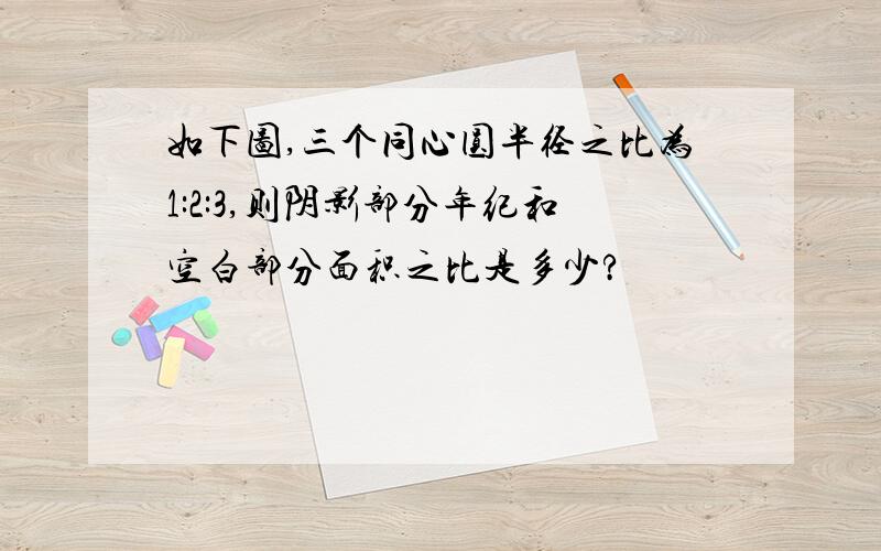 如下图,三个同心圆半径之比为1:2:3,则阴影部分年纪和空白部分面积之比是多少?