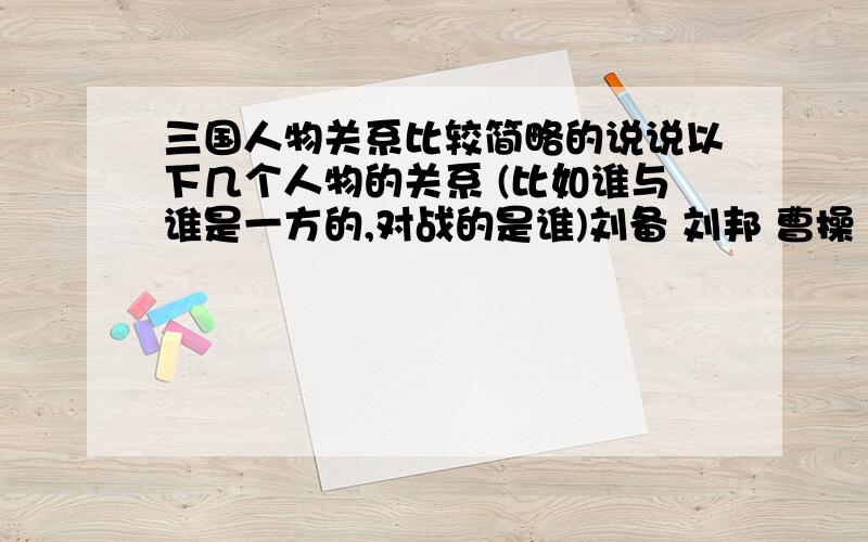 三国人物关系比较简略的说说以下几个人物的关系 (比如谁与谁是一方的,对战的是谁)刘备 刘邦 曹操 周瑜 黄盖 诸葛亮 张昭 孙权 袁绍.还有很多,想不起来了...还有他们之间有什么重要的战