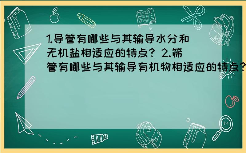 1.导管有哪些与其输导水分和无机盐相适应的特点? 2.筛管有哪些与其输导有机物相适应的特点?