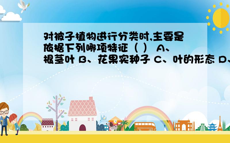 对被子植物进行分类时,主要是依据下列哪项特征（ ） A、根茎叶 B、花果实种子 C、叶的形态 D、花和果实