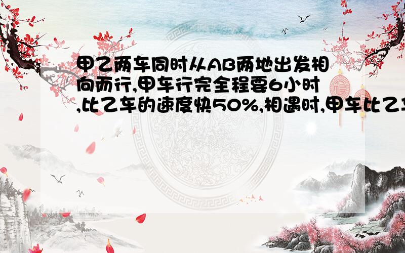 甲乙两车同时从AB两地出发相向而行,甲车行完全程要6小时,比乙车的速度快50%,相遇时,甲车比乙车多行180千米,问乙车每小时行多少千米?