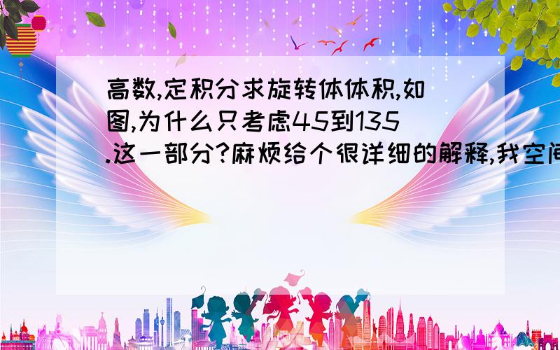 高数,定积分求旋转体体积,如图,为什么只考虑45到135.这一部分?麻烦给个很详细的解释,我空间能力不好,所以务必详细附图了,讲的好可以再加悬赏,