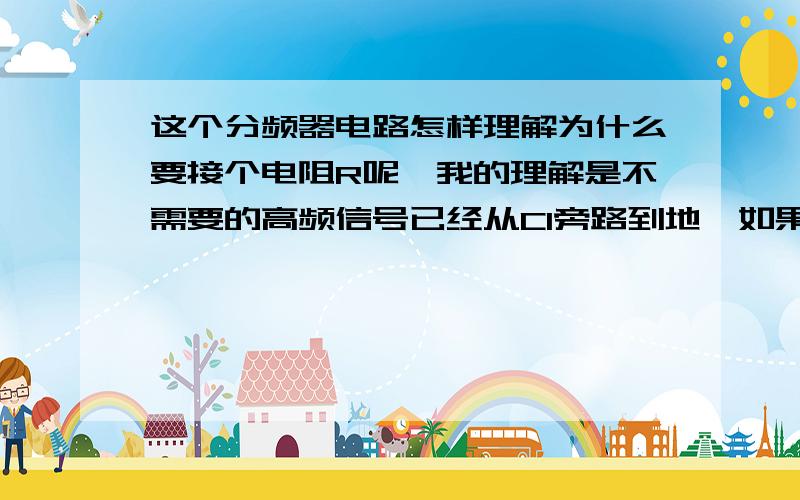 这个分频器电路怎样理解为什么要接个电阻R呢,我的理解是不需要的高频信号已经从C1旁路到地,如果说C1的容量不够,直接并个18U的电容就行了,接这个电阻不知是什么意思.C1、C2我们厂用是聚