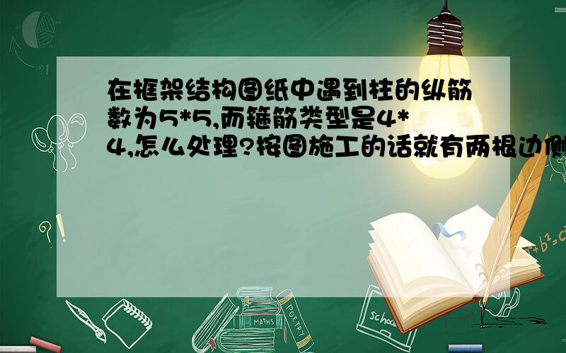 在框架结构图纸中遇到柱的纵筋数为5*5,而箍筋类型是4*4,怎么处理?按图施工的话就有两根边侧筋没有箍到,请问施工中应该选正中间那两根边侧筋不箍绑扎在纵筋上吗还是靠近角部筋那两根,