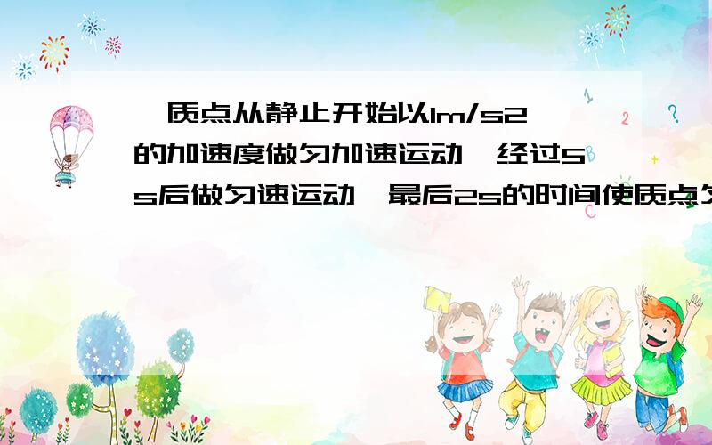 一质点从静止开始以1m/s2的加速度做匀加速运动,经过5s后做匀速运动,最后2s的时间使质点匀减速到静止,则 全程的位移为多大?12点之前!