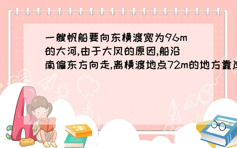 一艘帆船要向东横渡宽为96m的大河,由于大风的原因,船沿南偏东方向走,离横渡地点72m的地方靠岸,已知船在静水的速度为3m/s,风速为2m/s(水流速度不计,船顺着风走）,求船航行的时间.