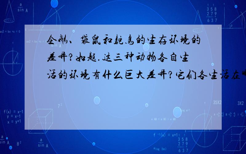 企鹅、袋鼠和鸵鸟的生存环境的差异?如题.这三种动物各自生活的环境有什么巨大差异?它们各生活在哪个大洲?呃.附加道题：对于怎样安装热水器才能达到一年四季获取的热量最多,你有什么