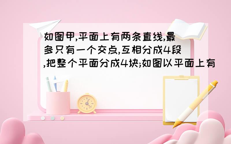 如图甲,平面上有两条直线,最多只有一个交点,互相分成4段,把整个平面分成4块;如图以平面上有