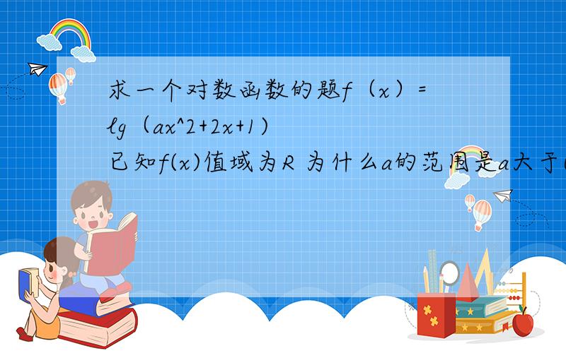 求一个对数函数的题f（x）=lg（ax^2+2x+1) 已知f(x)值域为R 为什么a的范围是a大于0且△大于等于0