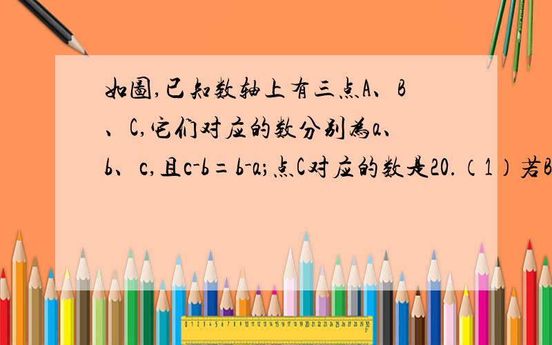 如图,已知数轴上有三点A、B、C,它们对应的数分别为a、b、c,且c-b=b-a；点C对应的数是20.（1）若BC=30,求a、b的值；（2）在（1）的条件下,动点P,Q分别从AC两点左运动,同时动点R从A点出发向右运动