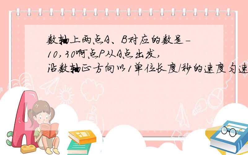 数轴上两点A、B对应的数是-10,30啊点P从A点出发,沿数轴正方向以1单位长度/秒的速度匀速平移.(1)当PA+PB=50时,求点P运动的时间 ,并求此时P点对应的数为多少?(2)C点对应的数为40,在点P从A点出发的