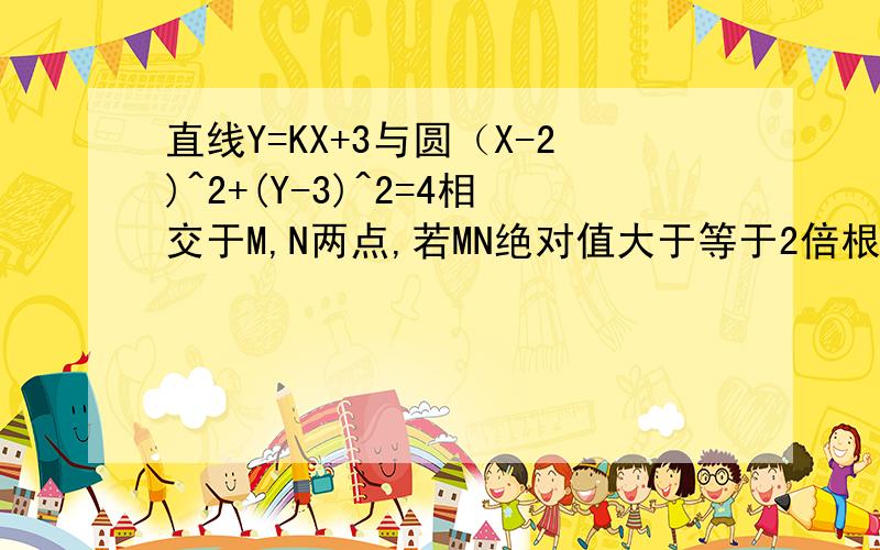 直线Y=KX+3与圆（X-2)^2+(Y-3)^2=4相交于M,N两点,若MN绝对值大于等于2倍根号3,则K的取值范围是为什么下面二种解法得出的结果不同?MN=2√3r=2则弦心距d=√[r^2-(MN/2)^2]=1MN>=2√3则d