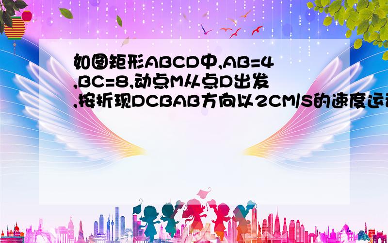 如图矩形ABCD中,AB=4,BC=8,动点M从点D出发,按折现DCBAB方向以2CM/S的速度运动,动点N从点D出发,按折现DABCD方向以1CM/s的速度运动.1.若动点M,N同时出发,经过几秒相遇?2.若点E在线段BC上,且BE=3cm,若动点M