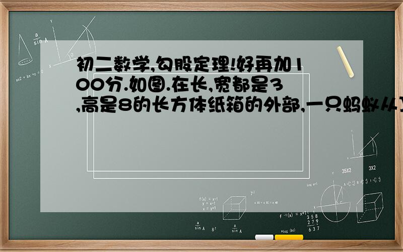 初二数学,勾股定理!好再加100分.如图.在长,宽都是3,高是8的长方体纸箱的外部,一只蚂蚁从顶点A沿纸箱表面爬到顶点B处,求它所行的最短路线图如下：