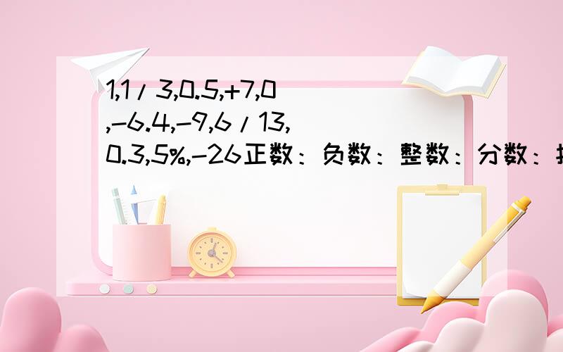 1,1/3,0.5,+7,0,-6.4,-9,6/13,0.3,5%,-26正数：负数：整数：分数：按要求写数：（1）既不是正数,也不是负数的数（2）两个正有理数（3）两个负有理数小明测得他家的地下室在地面下2米处,他的房间