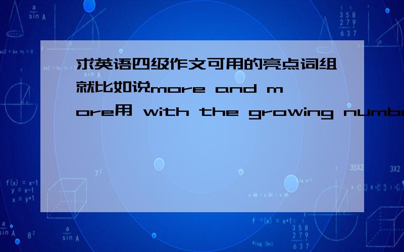 求英语四级作文可用的亮点词组就比如说more and more用 with the growing number of来代替这种概念的 常用的 但不要用烂掉的 可以让阅卷老师有点印象的词组