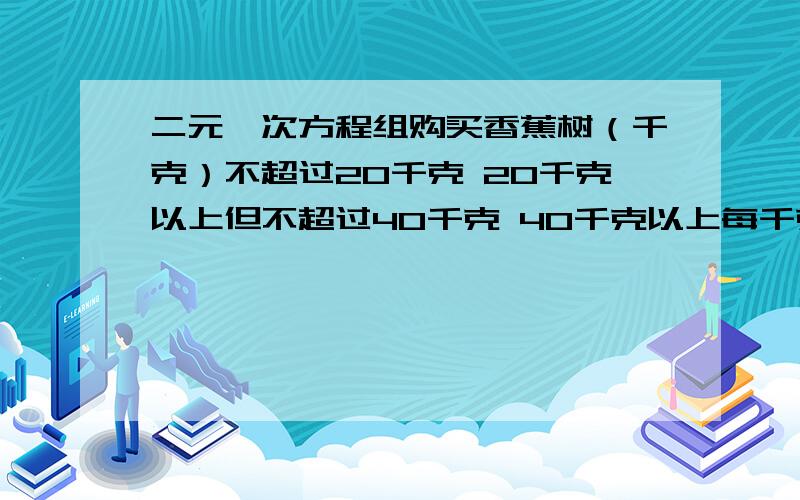 二元一次方程组购买香蕉树（千克）不超过20千克 20千克以上但不超过40千克 40千克以上每千克价格 6元 5元 4元1.张强两次共购买香蕉50千克,已知第二次购买的数量多于第一次购买的数量,共付