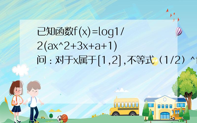 已知函数f(x)=log1/2(ax^2+3x+a+1)问：对于x属于[1,2],不等式（1/2）^f(x)-3x>=2恒成立,求正实数a的取值范围