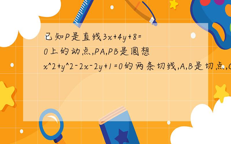 已知P是直线3x+4y+8=0上的动点,PA,PB是圆想x^2+y^2-2x-2y+1=0的两条切线,A,B是切点,C是圆心那么四边形PACB面具最小值为