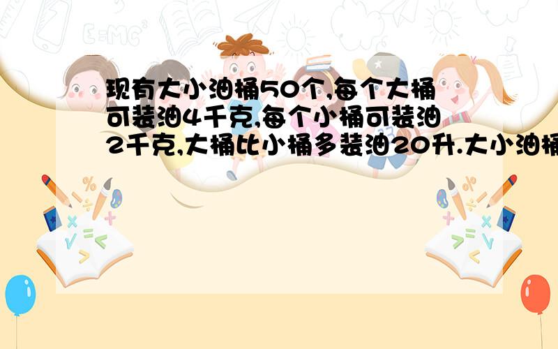 现有大小油桶50个,每个大桶可装油4千克,每个小桶可装油2千克,大桶比小桶多装油20升.大小油桶各多少个?希望大家耐心回答.画图最好,希望我能看懂.