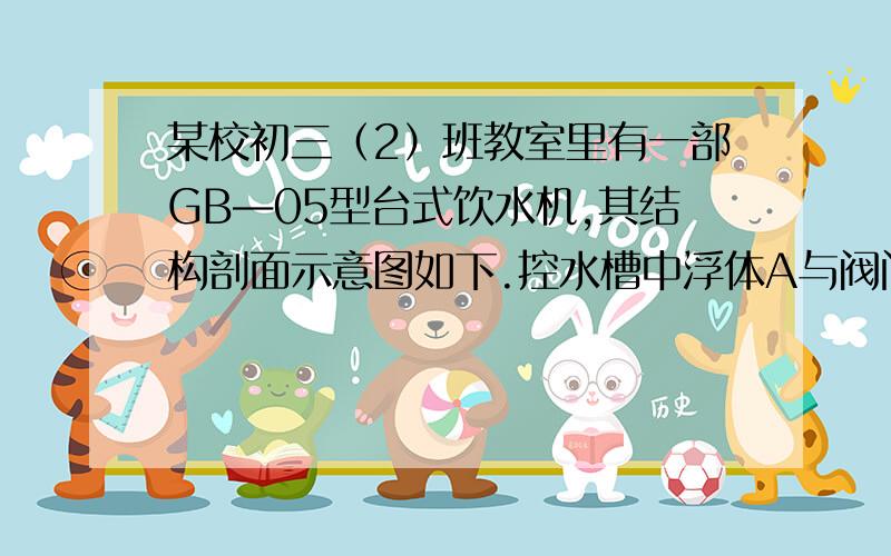 某校初三（2）班教室里有一部GB—05型台式饮水机,其结构剖面示意图如下.控水槽中浮体A与阀门C固定相连,起初浮体A恰好浸没时阀门C关闭；A未浸没时C略有下降,使桶内水流入控水槽.已知阀门