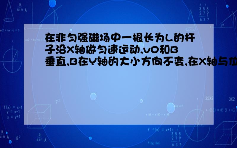 在非匀强磁场中一根长为L的杆子沿X轴做匀速运动,v0和B垂直,B在Y轴的大小方向不变,在X轴与位移X的关系为B=B0sinx方向不变,杆子从原点出发,问E与t的关系为?Φ＝BS=(B0sinv0t)v0tL E＝ΔΦ/Δt令Δt →0