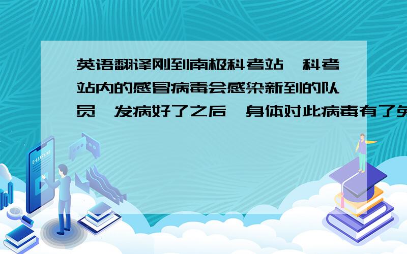 英语翻译刚到南极科考站,科考站内的感冒病毒会感染新到的队员,发病好了之后,身体对此病毒有了免疫能力,所以不再发病.当给养船到来时,新的变异的感冒病毒可以随给养船一起突破这个极