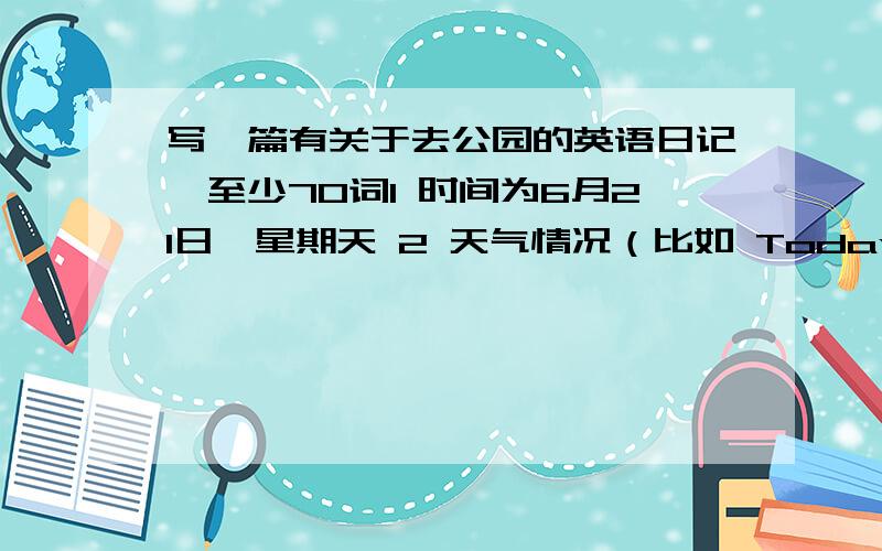 写一篇有关于去公园的英语日记,至少70词1 时间为6月21日,星期天 2 天气情况（比如 Today it rained) 3 交通方式（比如 I went to the beach by bike ) 4 活动日程及内容 至少4个（比如 I went fishing) 5 感受