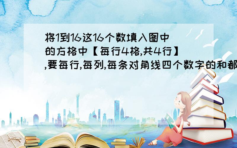 将1到16这16个数填入图中的方格中【每行4格,共4行】,要每行,每列,每条对角线四个数字的和都一样.这样回答 一行 二行 三行 四行