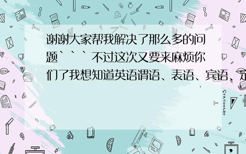 谢谢大家帮我解决了那么多的问题```不过这次又要来麻烦你们了我想知道英语谓语、表语、宾语、定语、状语、补语和代词、冠词、谓语动词和非谓语动词在句子中起什么作用?因为我以前不