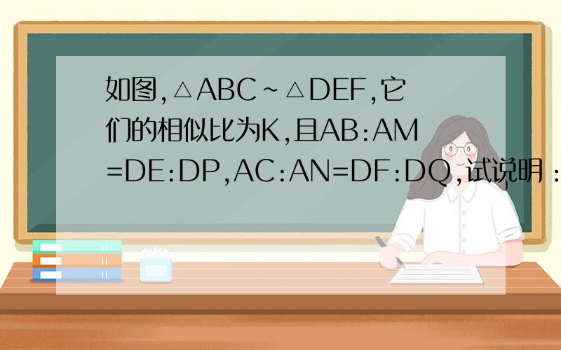 如图,△ABC∽△DEF,它们的相似比为K,且AB:AM=DE:DP,AC:AN=DF:DQ,试说明：MN:PQ=K