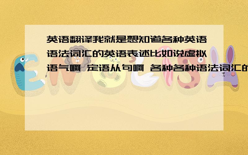 英语翻译我就是想知道各种英语语法词汇的英语表述比如说虚拟语气啊 定语从句啊 各种各种语法词汇的英语表达找了很久都没有系统的翻译由于我的财富值实在太低 其实我是想用更多金币