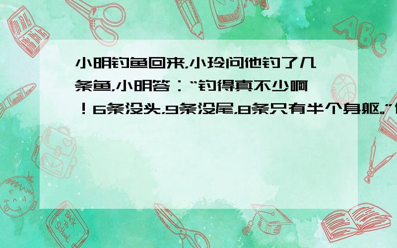 小明钓鱼回来，小玲问他钓了几条鱼，小明答：“钓得真不少啊！6条没头，9条没尾，8条只有半个身躯。”你知道小明到底钓了几条鱼？