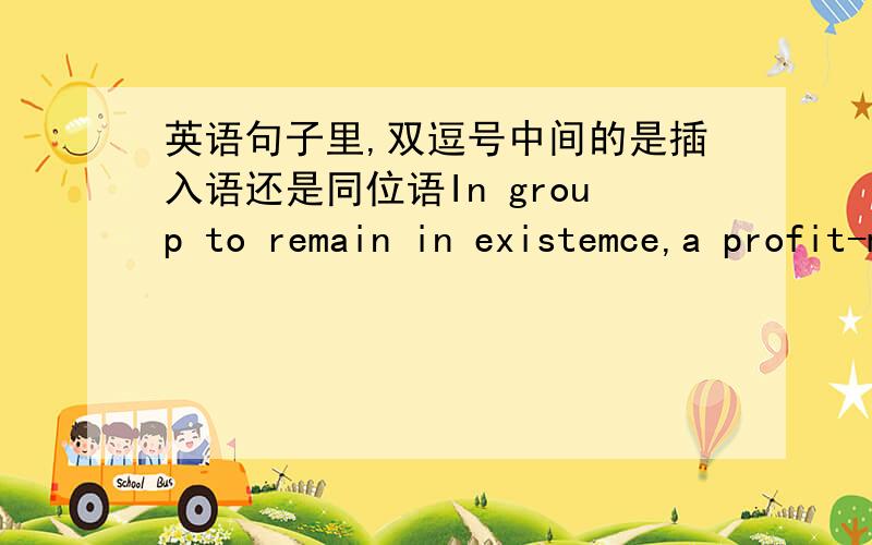 英语句子里,双逗号中间的是插入语还是同位语In group to remain in existemce,a profit-making organization must,in the long run,produce something consumers useful or desirable.分析一下这句话的成分